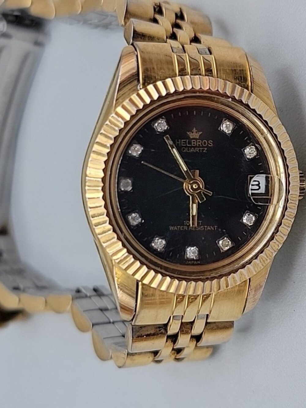 Vintage Helbros Ladies Diamond Accent Quartz Watch Black & Gold Tone 25mm 7" - Picture 8 of 13